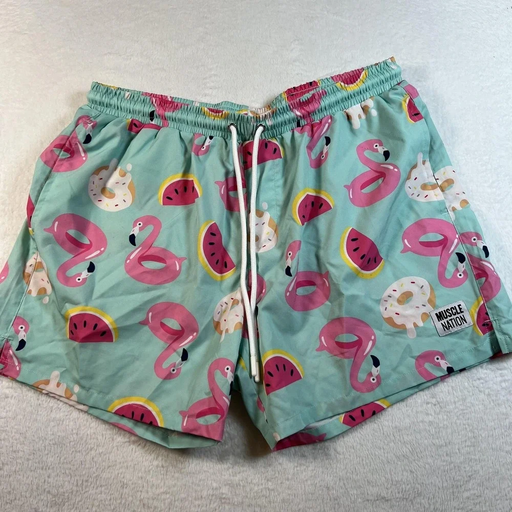Muscle Nation Swim Trunks Shorts Mens XL Flamingo Donut Watermelon Fun Print